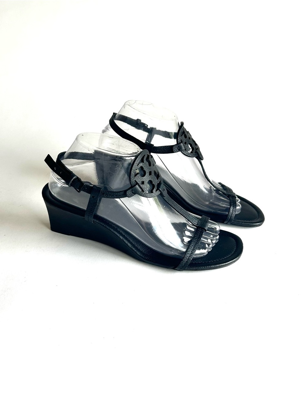 Tory Burch Black Leather Ankle Strap Wedge Sandals size 9